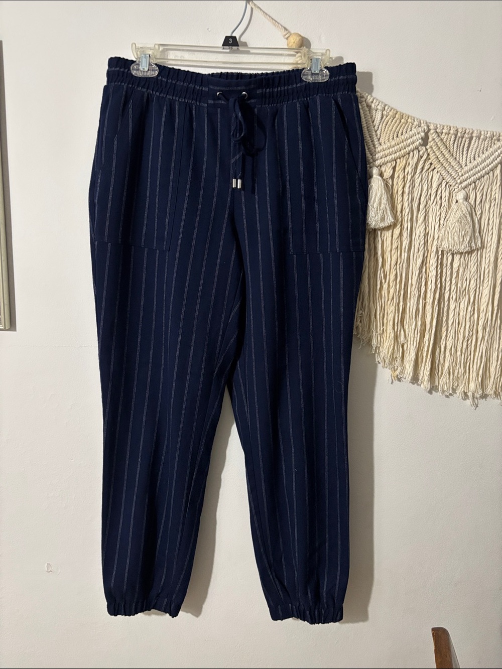 Nine West Navy Pinstripe Drawstring Joggers